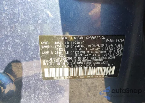 2020 Subaru Outback Limited z USA, uszkodzony, nr VIN 4S4BTANCXL3202917